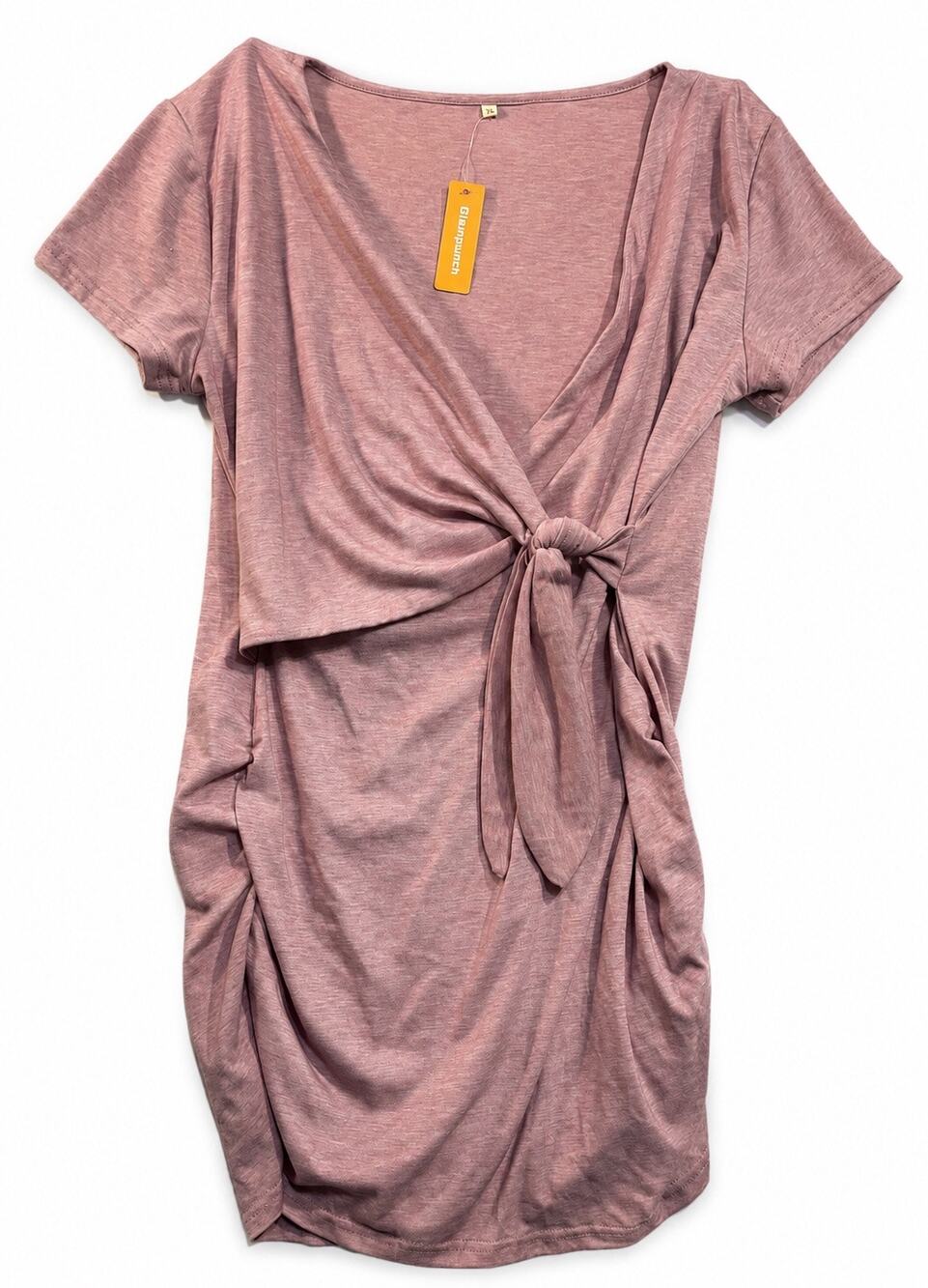Glampunch Women’s XL Pink Ruched Side Tie Front Mini Dress NWT Short Sleeve